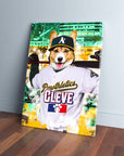 Personalized pet canvas featuring a corgi in an Oakland Pawthletics baseball uniform and cap.