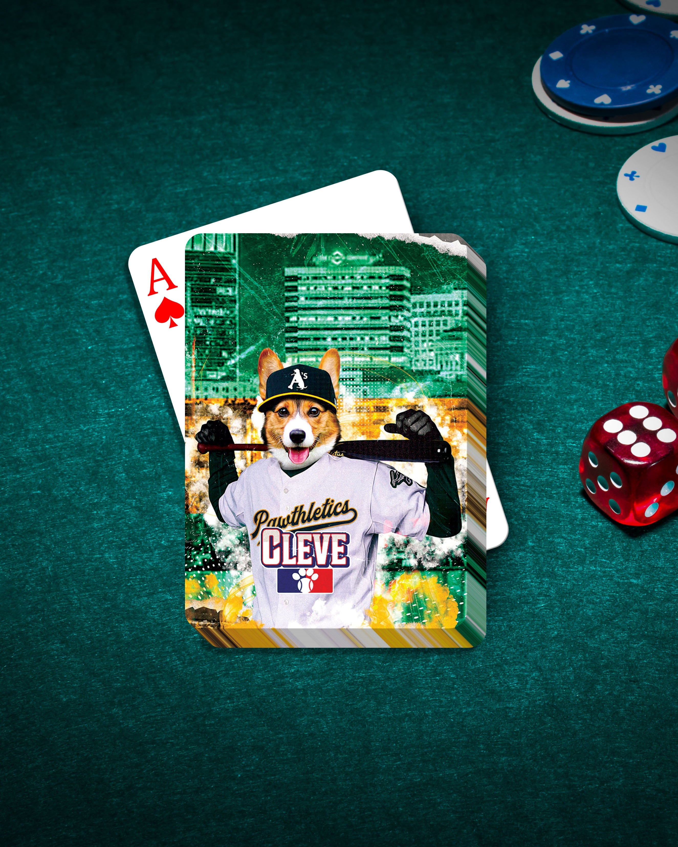 Personalized Oakland Pawthletics playing cards featuring a custom corgi pet portrait in a baseball uniform.