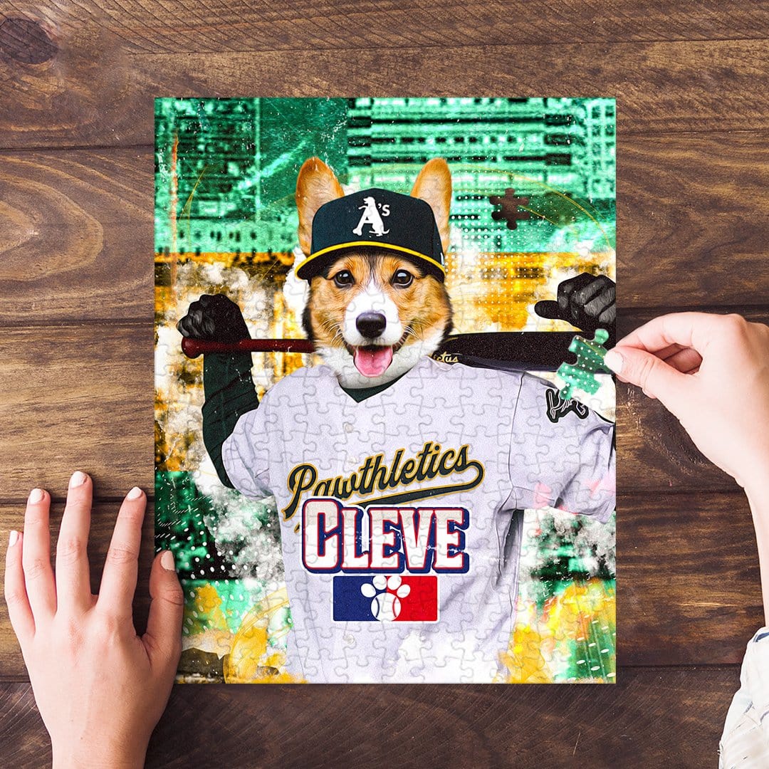 Personalized pet puzzle featuring a corgi in an Oakland Pawthletics baseball uniform.
