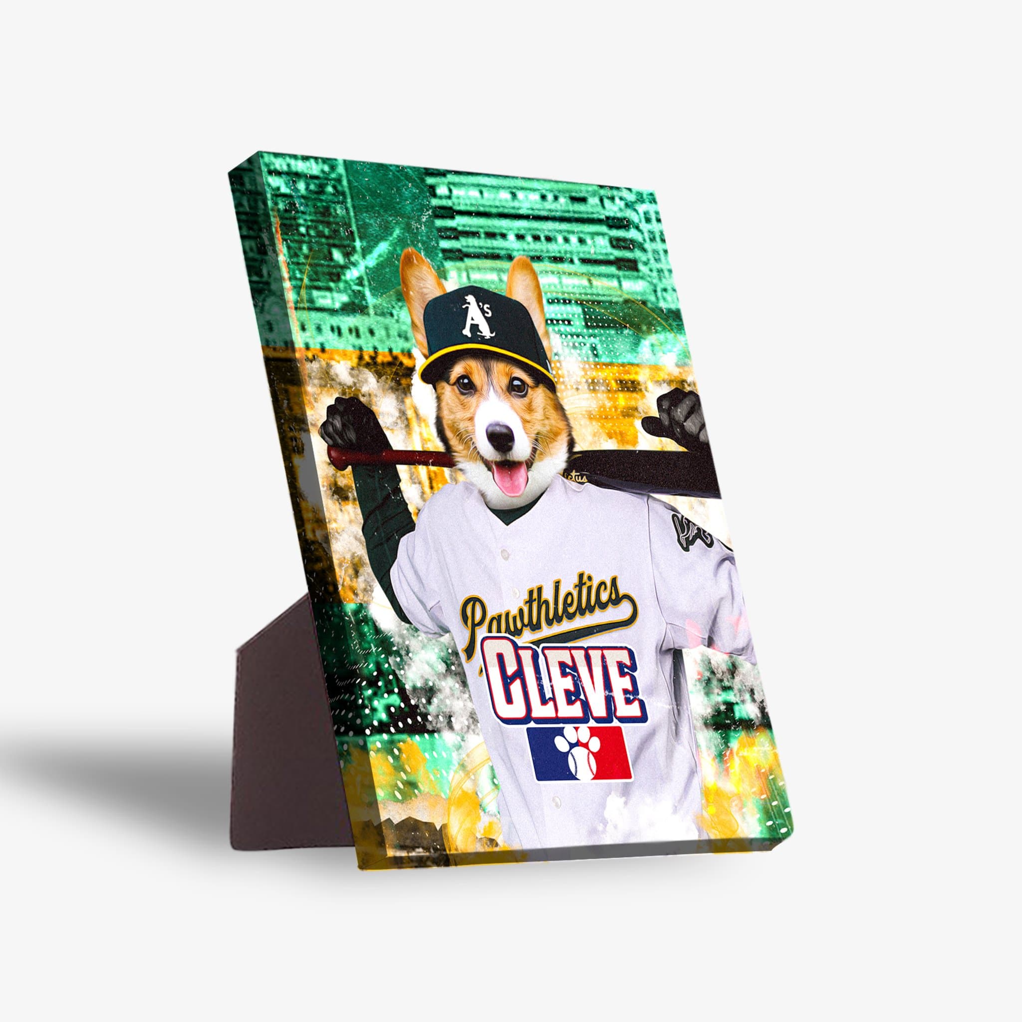 Oakland Pawthletics personalized standing canvas featuring a corgi in a baseball uniform with a bat.
