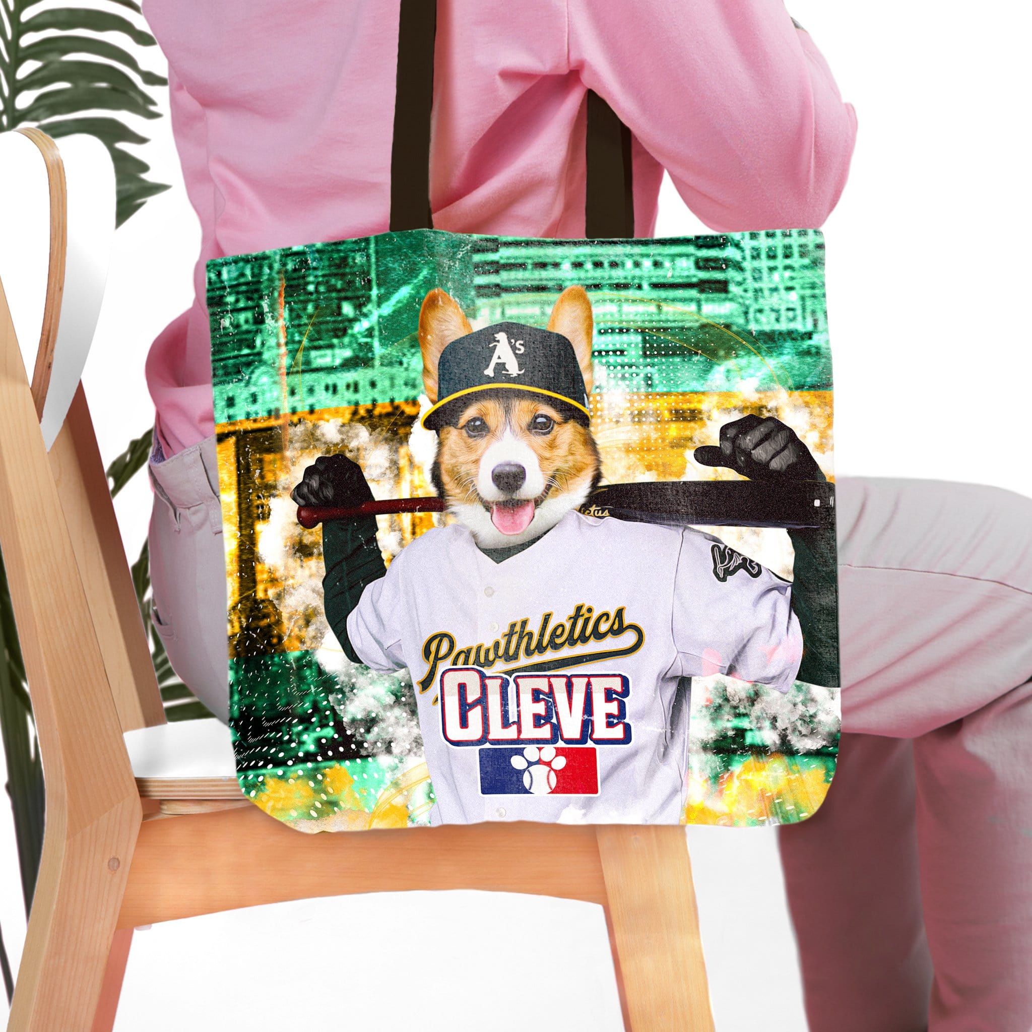 Personalized Oakland Pawthletics tote bag with a custom corgi pet portrait in a baseball uniform.