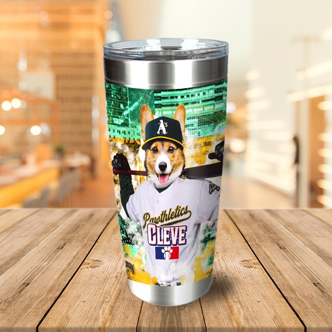 Personalized stainless steel tumbler with a corgi pet portrait in a baseball uniform.