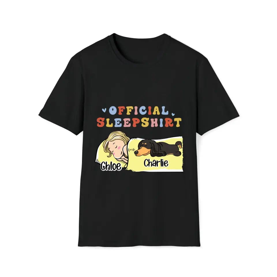 Black cotton unisex t-shirt with a blonde woman and a black and tan dachshund sleeping, personalized with names.