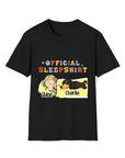 Black cotton unisex t-shirt with a blonde woman and a black and tan dachshund sleeping, personalized with names.