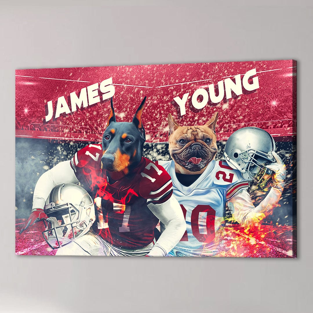 Personalized 'Ohio Doggos' canvas featuring a Doberman and French Bulldog in football uniforms.