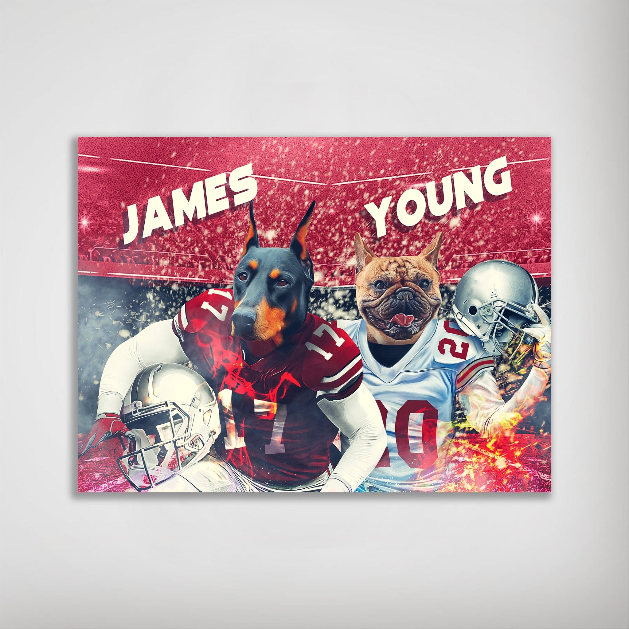 Personalized Ohio Doggos poster featuring two pets as football players in red and white jerseys.