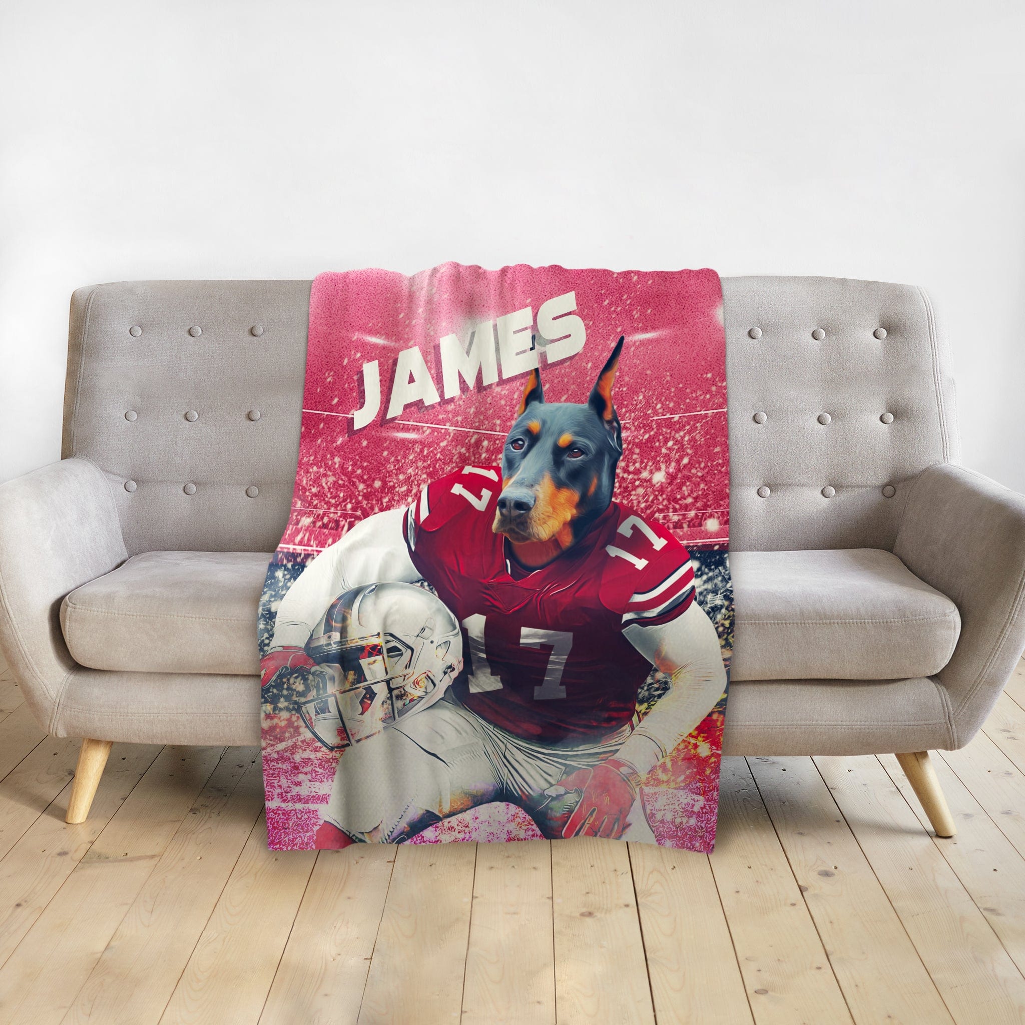 Personalized pet blanket with a Doberman dog in an Ohio State football uniform and the name "JAMES".