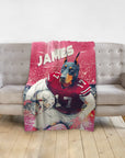 Personalized pet blanket with a Doberman dog in an Ohio State football uniform and the name "JAMES".