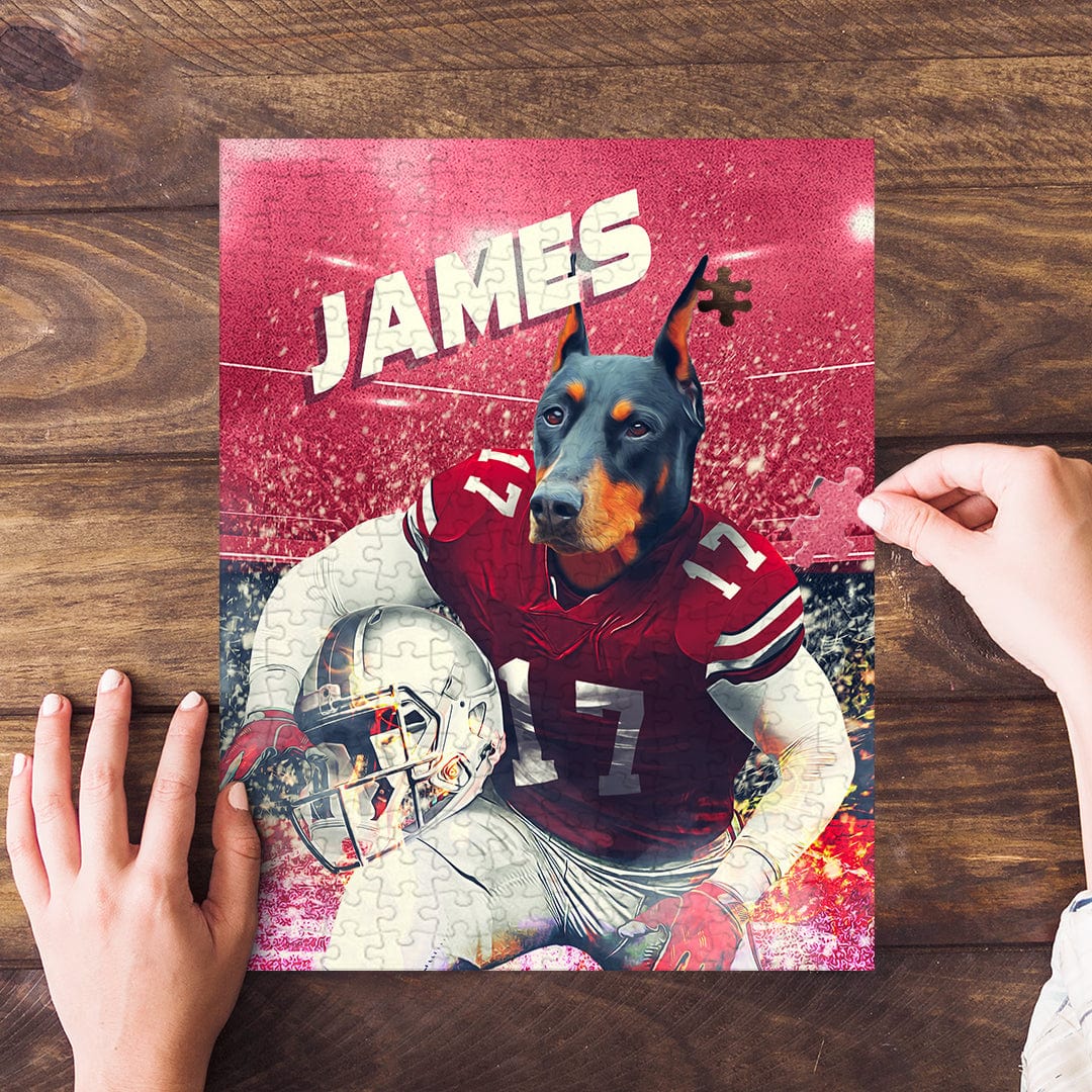Personalized Ohio State Doggos puzzle featuring a Doberman in a football uniform.