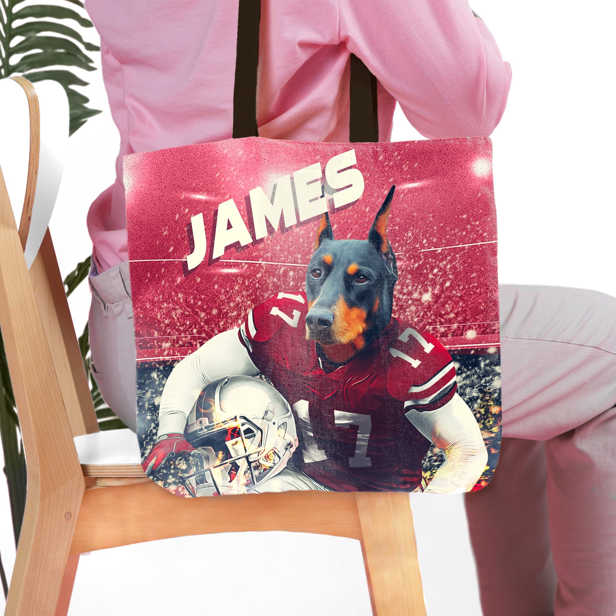 Personalized Ohio State Doggos tote bag with a custom Doberman dog portrait in a football uniform.