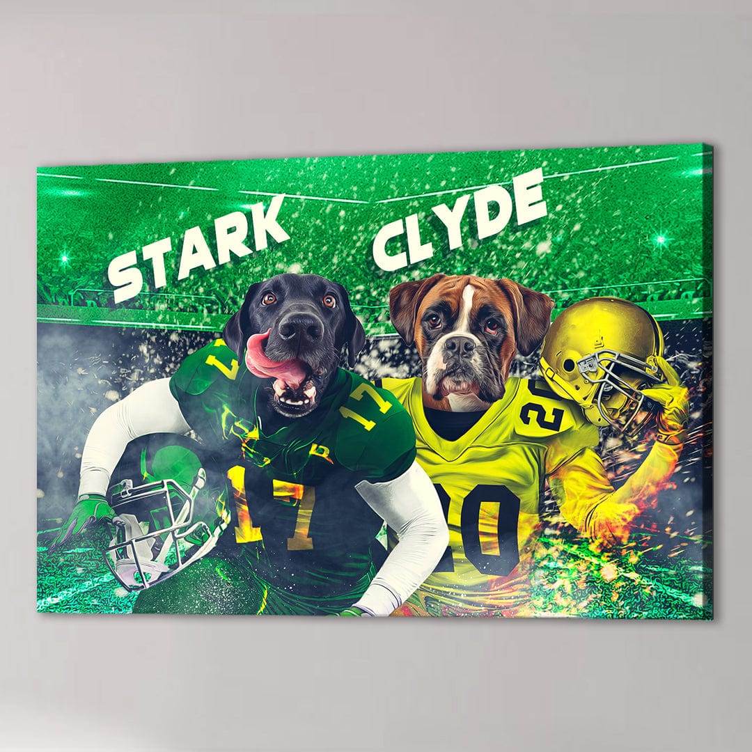 Custom canvas of two dogs, a black lab and a boxer, dressed in green and yellow football uniforms.
