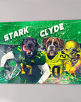 Custom canvas of two dogs, a black lab and a boxer, dressed in green and yellow football uniforms.