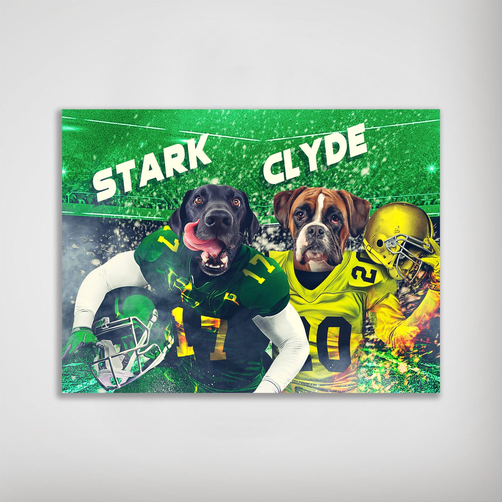 Personalized 'Oregon Doggos' poster featuring two pets as football players in green and yellow jerseys.