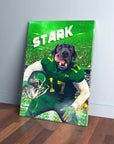 Personalized pet canvas featuring a black dog in a green football uniform with "STARK" and "17.