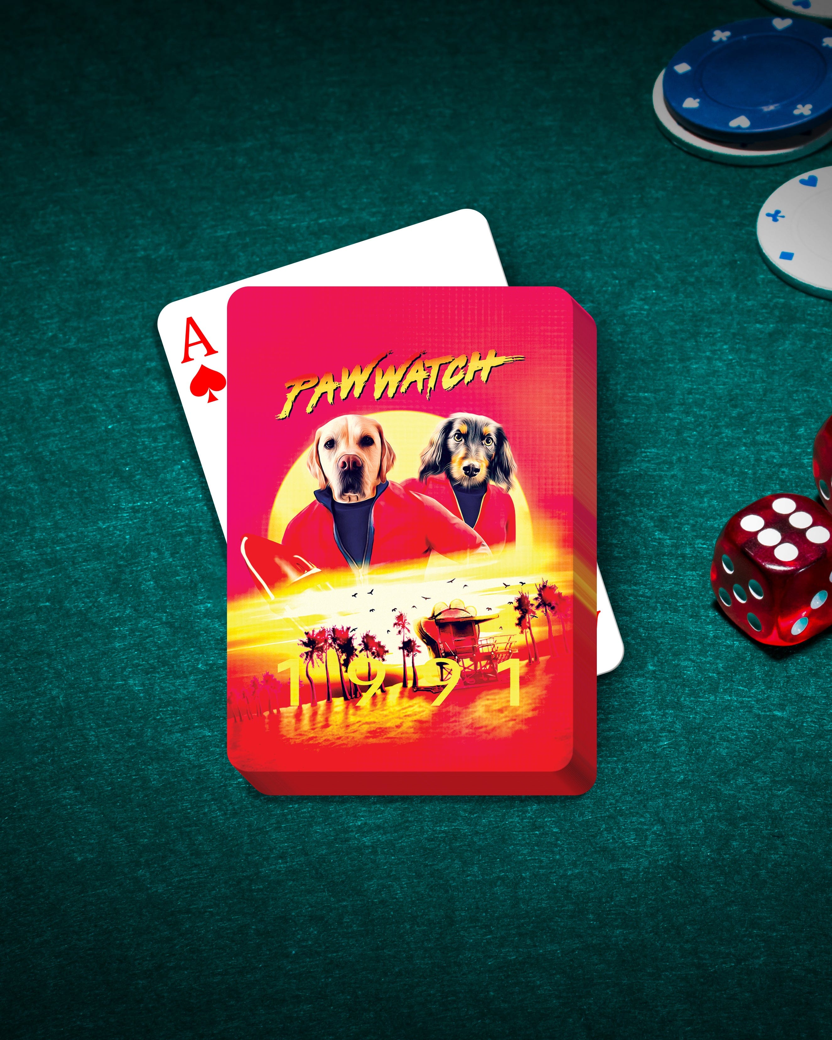Personalized 'Paw Watch 1991' playing cards featuring two custom pet portraits on a red sunset background.