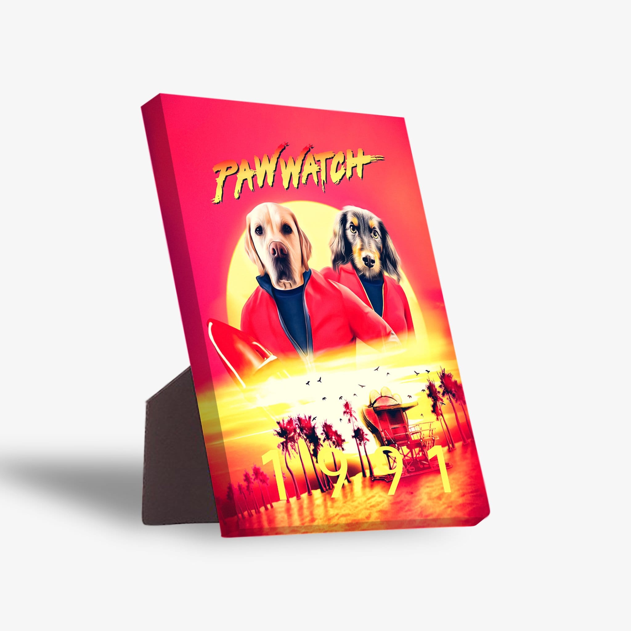 Paw Watch 1991 personalized standing canvas featuring two pets as lifeguards in red, with a sunset beach scene.
