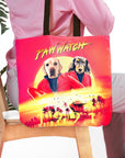 Personalized Paw Watch 1991 tote bag with custom dog portraits in a beach scene.