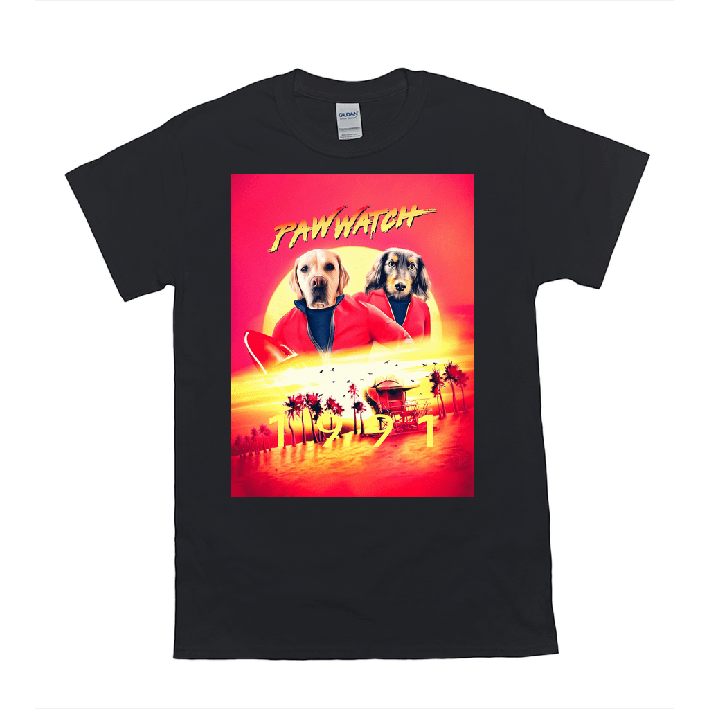 Black Gildan t-shirt with a "Paw Watch" design featuring two dogs in red lifeguard outfits at sunset.