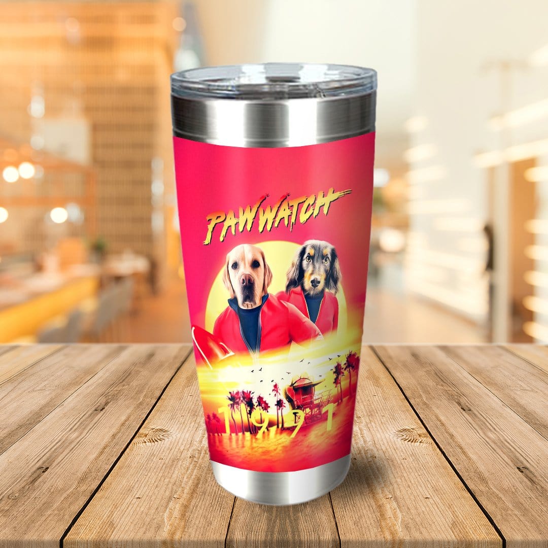 Personalized Paw Watch 2-pet stainless steel tumbler with custom dog portraits in a Baywatch-style design.