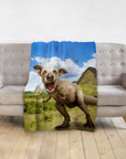 Personalized "Pawasaurus Rex" pet blanket featuring a dog's head on a dinosaur body in a landscape.