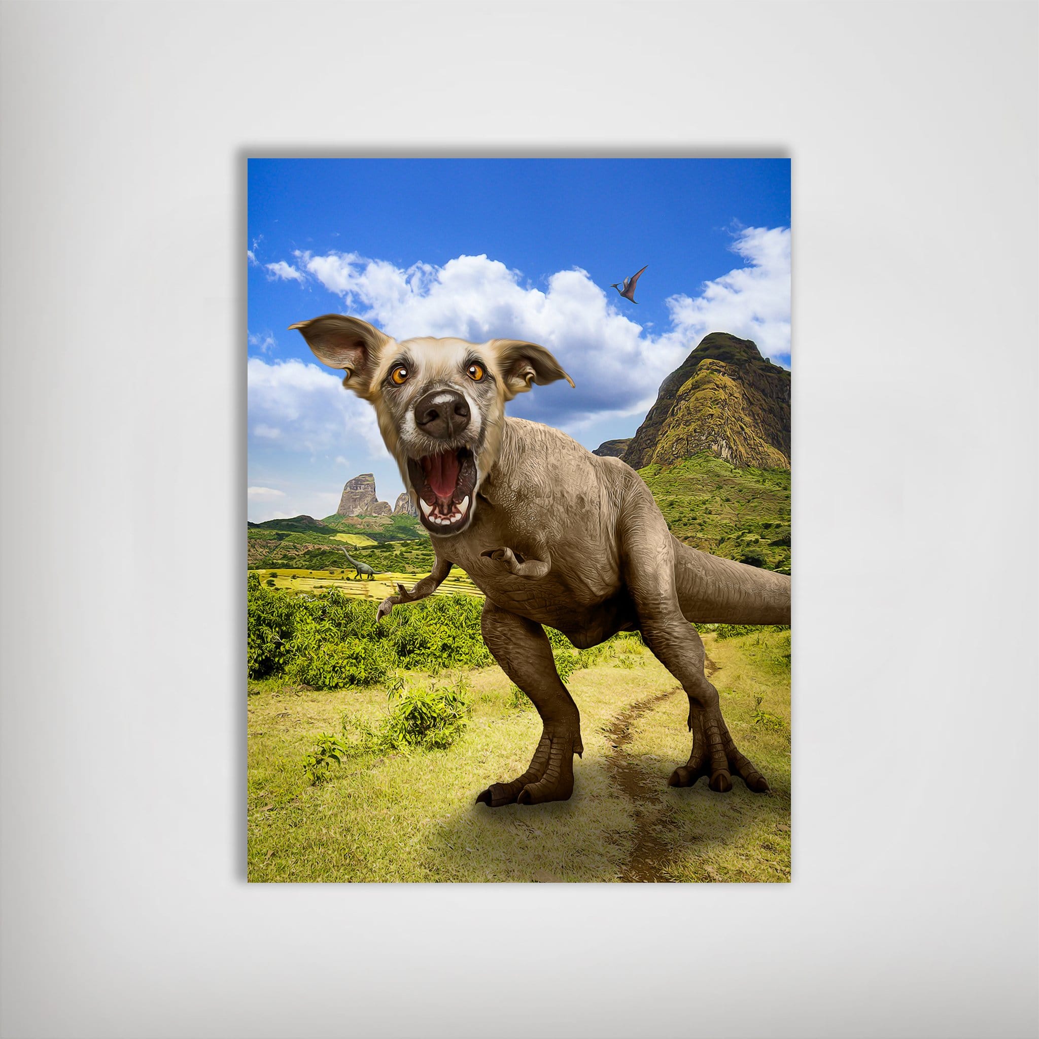 Pawasaurus Rex personalized pet poster featuring a dog's head on a T-Rex body in a vibrant prehistoric landscape.