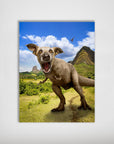 Pawasaurus Rex personalized pet poster featuring a dog's head on a T-Rex body in a vibrant prehistoric landscape.