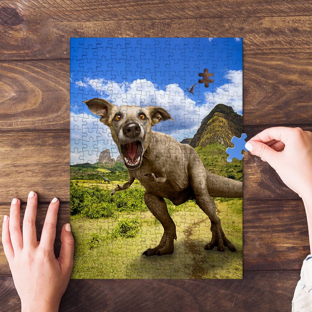 Personalized 'Pawasaurus Rex' pet puzzle featuring a dog's head on a dinosaur body.