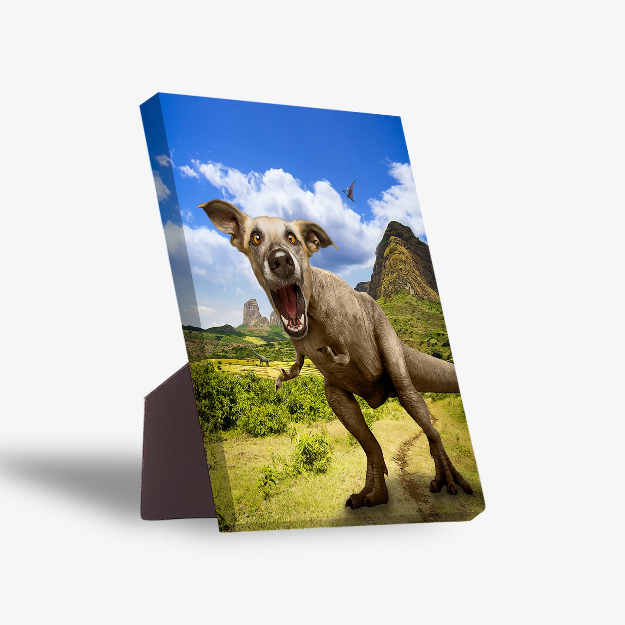 Personalized 'Pawasaurus Rex' pet standing canvas featuring a dog's head on a dinosaur body in a vibrant landscape.
