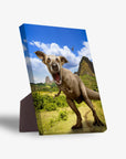 Personalized 'Pawasaurus Rex' pet standing canvas featuring a dog's head on a dinosaur body in a vibrant landscape.