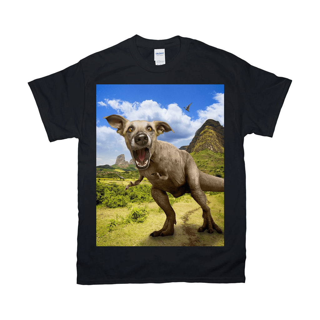 Black Gildan t-shirt featuring a "Pawasaurus Rex" design: a dog's head on a T-Rex body in a landscape.