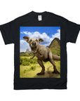 Black Gildan t-shirt featuring a "Pawasaurus Rex" design: a dog's head on a T-Rex body in a landscape.