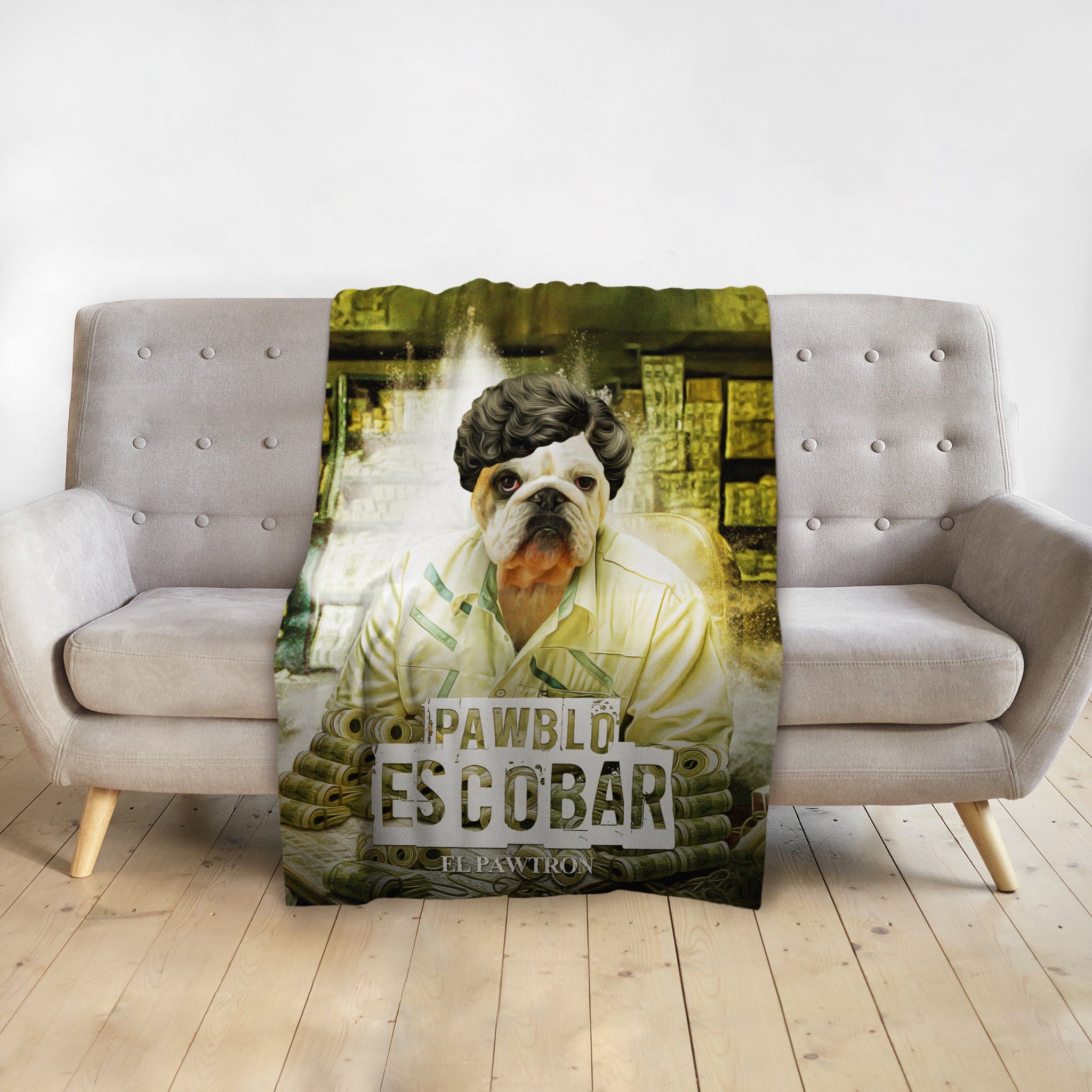 Personalized "Pawblo Escobar" pet portrait blanket featuring a bulldog in a mugshot style.