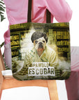 Personalized tote bag with a bulldog pet portrait in a "Pawblo Escobar" renaissance style.