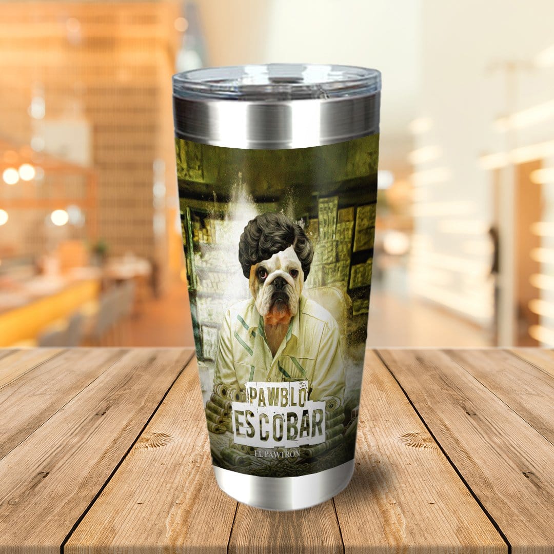 Personalized stainless steel tumbler with a custom bulldog pet portrait in a "Pawblo Escobar" renaissance style.