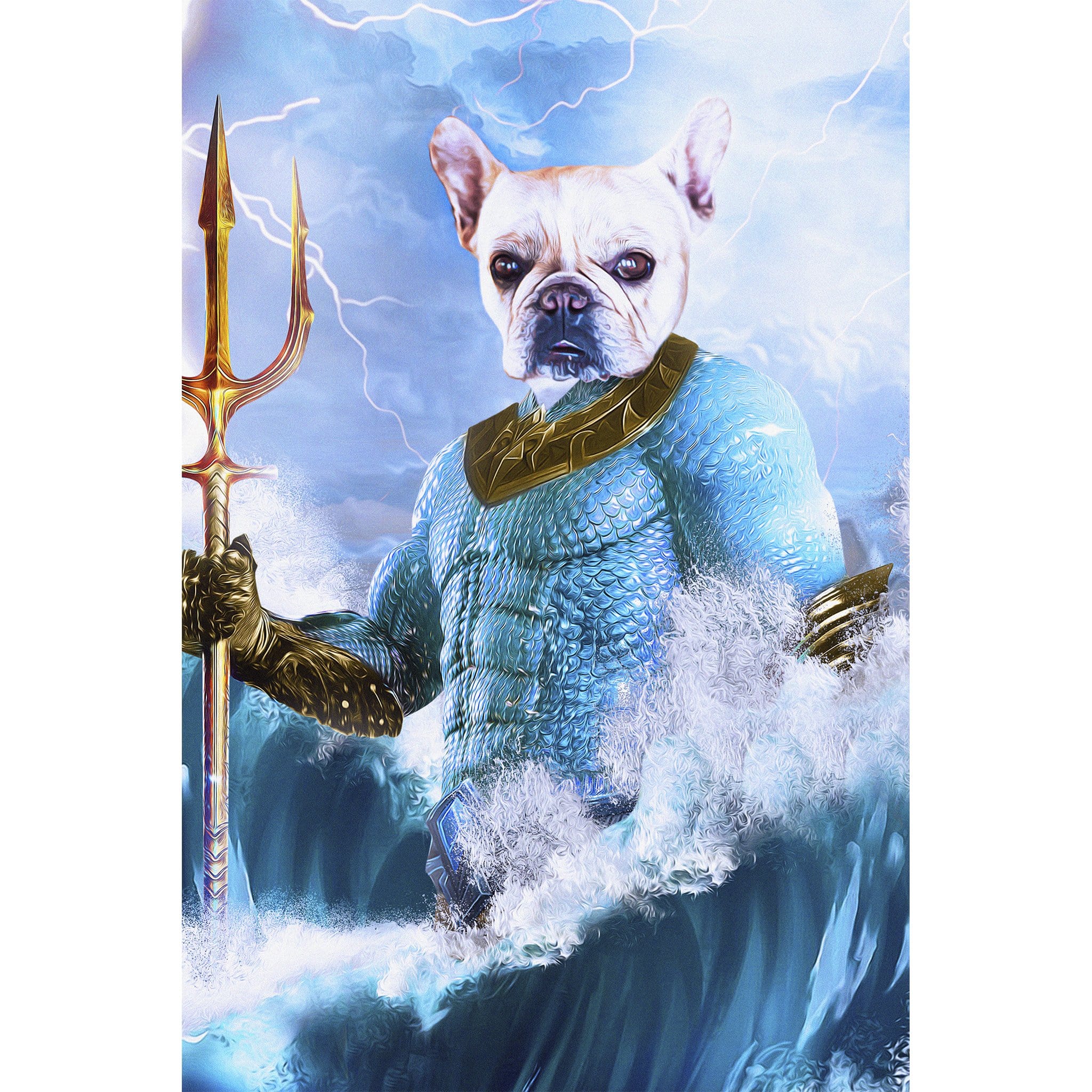 Custom digital portrait of a French Bulldog as Pawseidon, holding a trident amidst stormy waves.