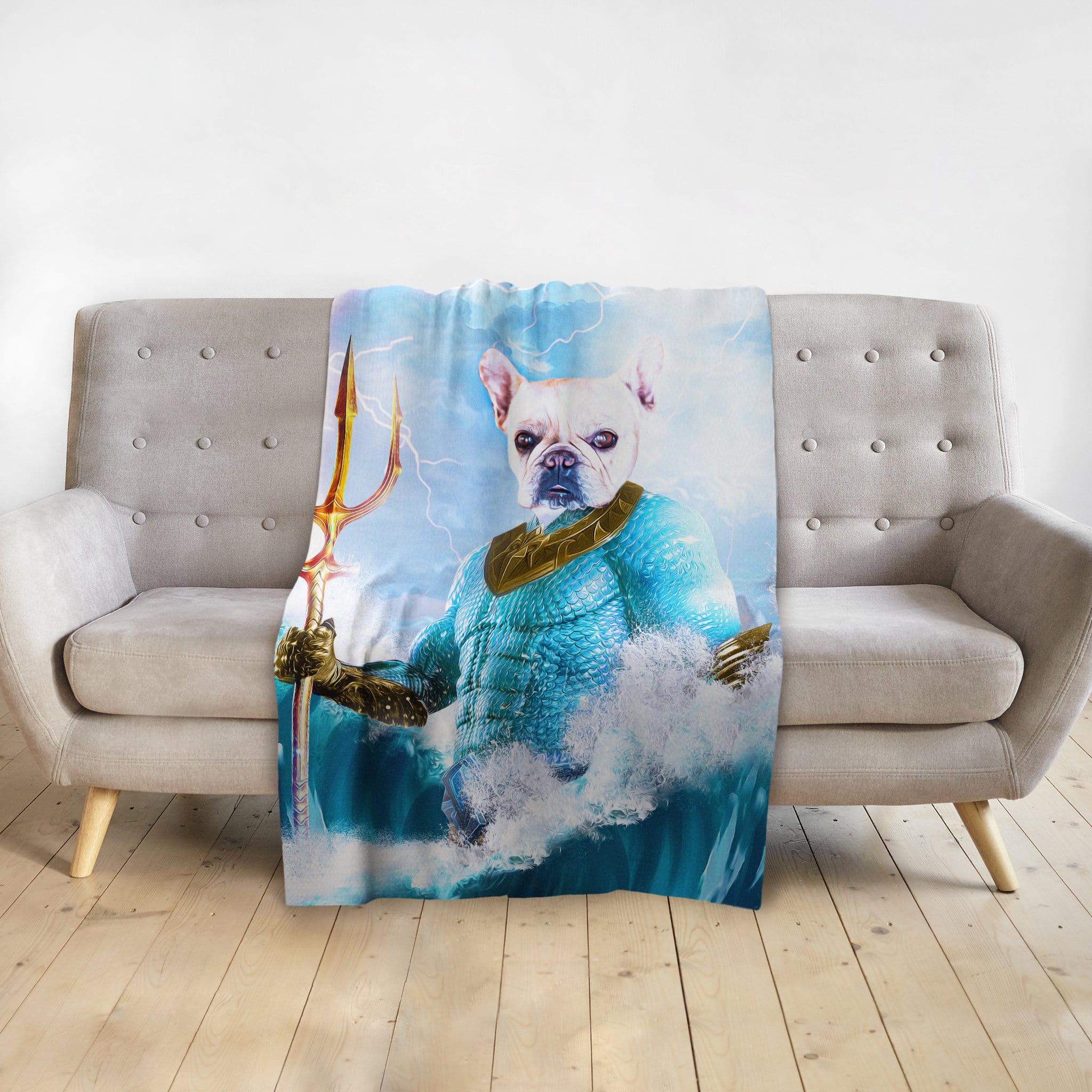 Personalized minky blanket with a French Bulldog pet portrait as Pawseidon holding a trident.