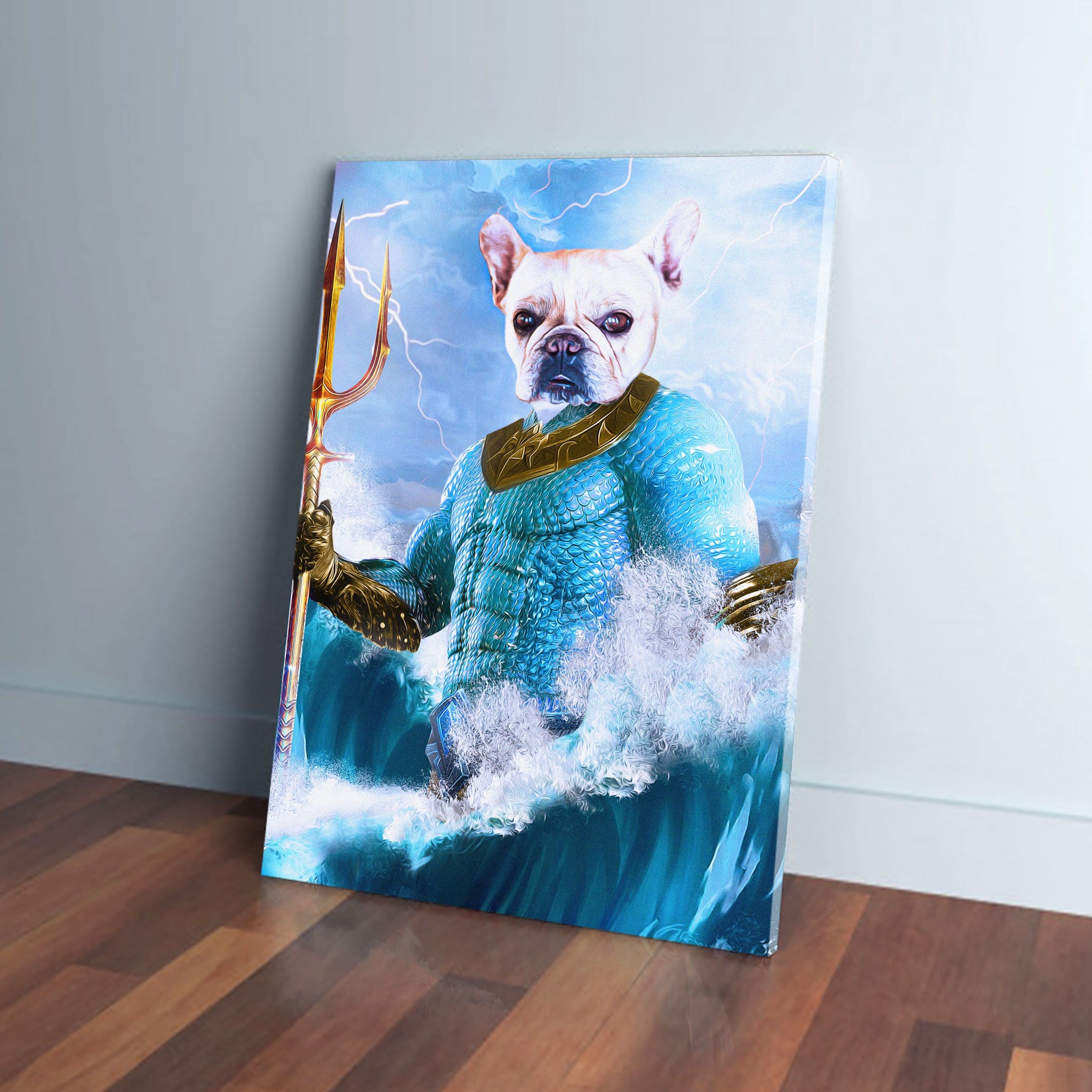 Personalized 'Pawseidon' pet canvas featuring a French Bulldog as a blue-armored god holding a golden trident.