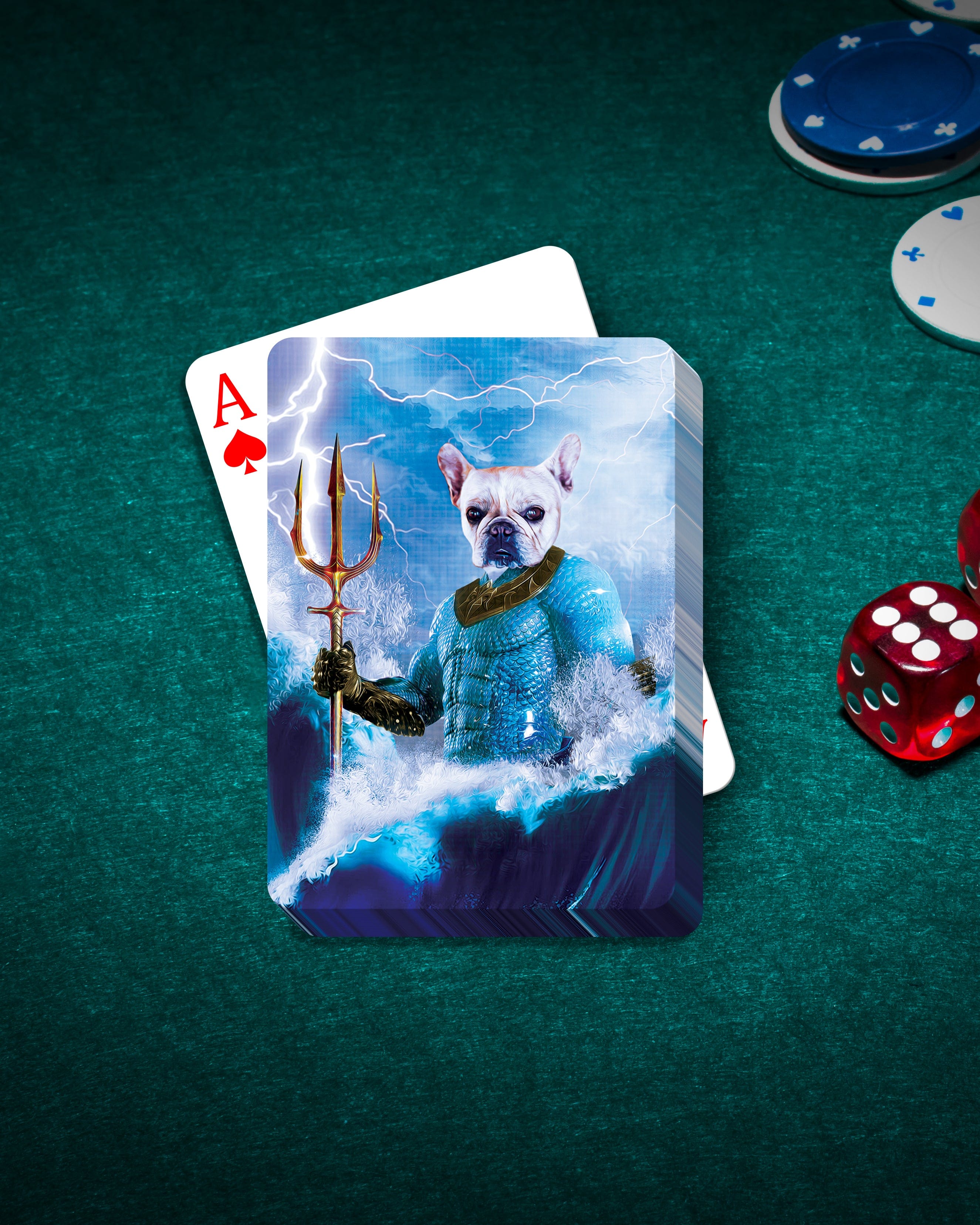 Personalized 'Pawseidon' playing cards featuring a French Bulldog pet portrait as Aquaman.