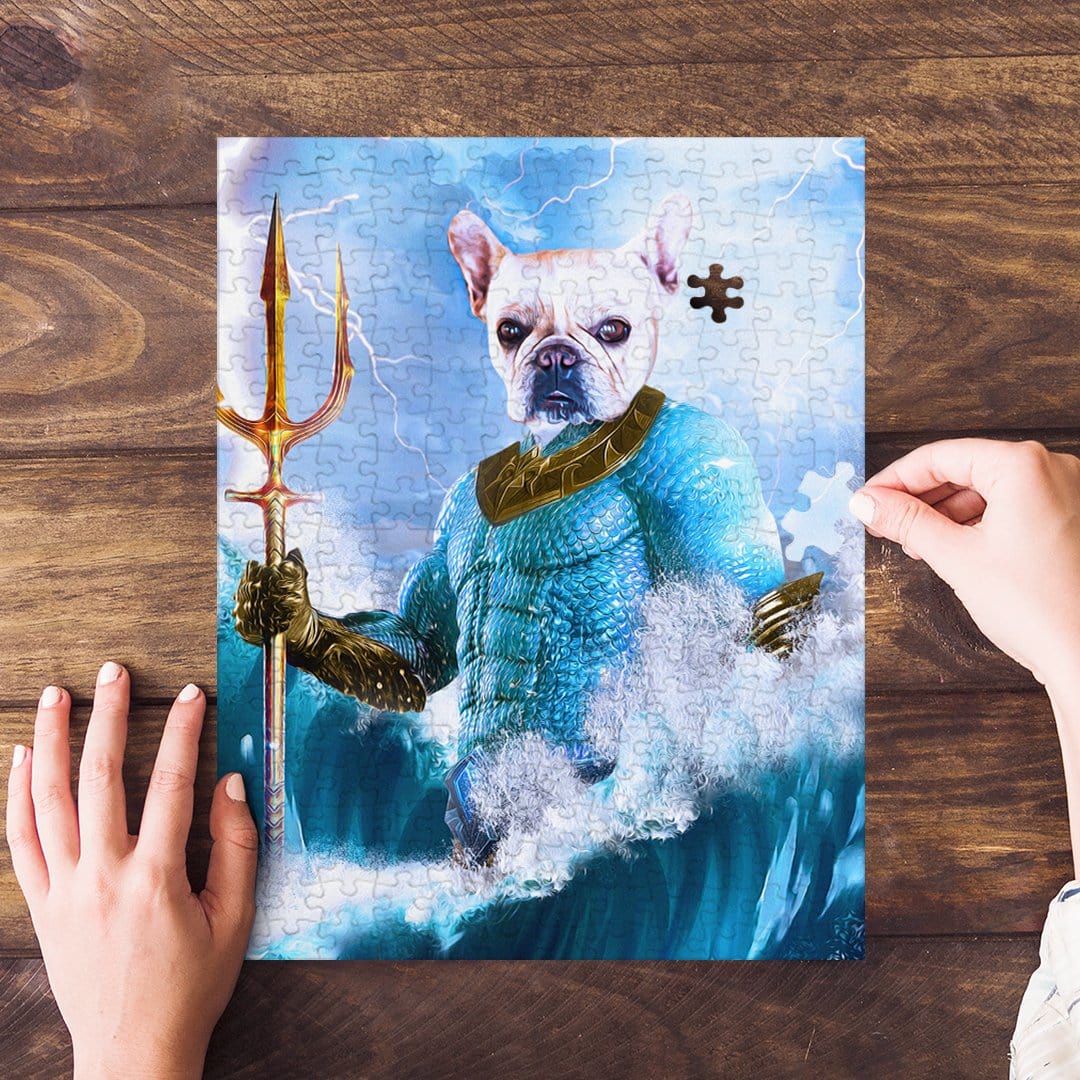 Personalized 'Pawseidon' pet puzzle featuring a French Bulldog as a royal sea god with a trident.
