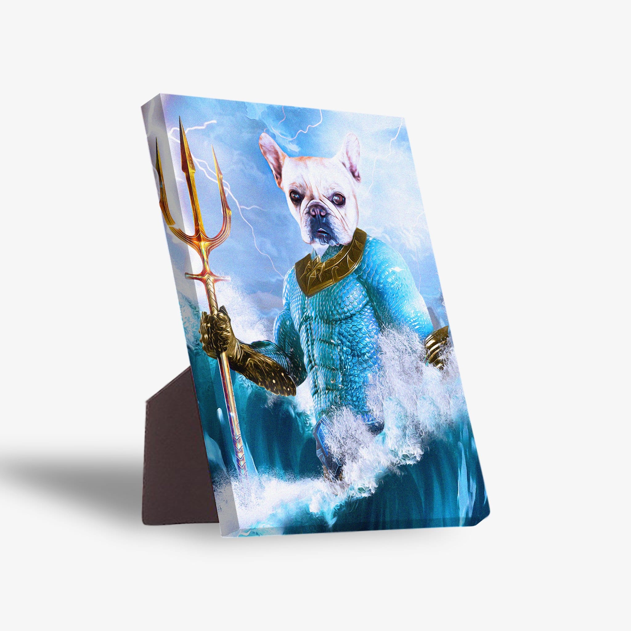 Personalized "Pawseidon" pet standing canvas featuring a French Bulldog as Aquaman with a trident, amidst blue waves and lightning.