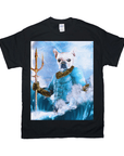 Black Gildan t-shirt featuring a French Bulldog as Pawseidon, holding a trident amidst blue waves and lightning.