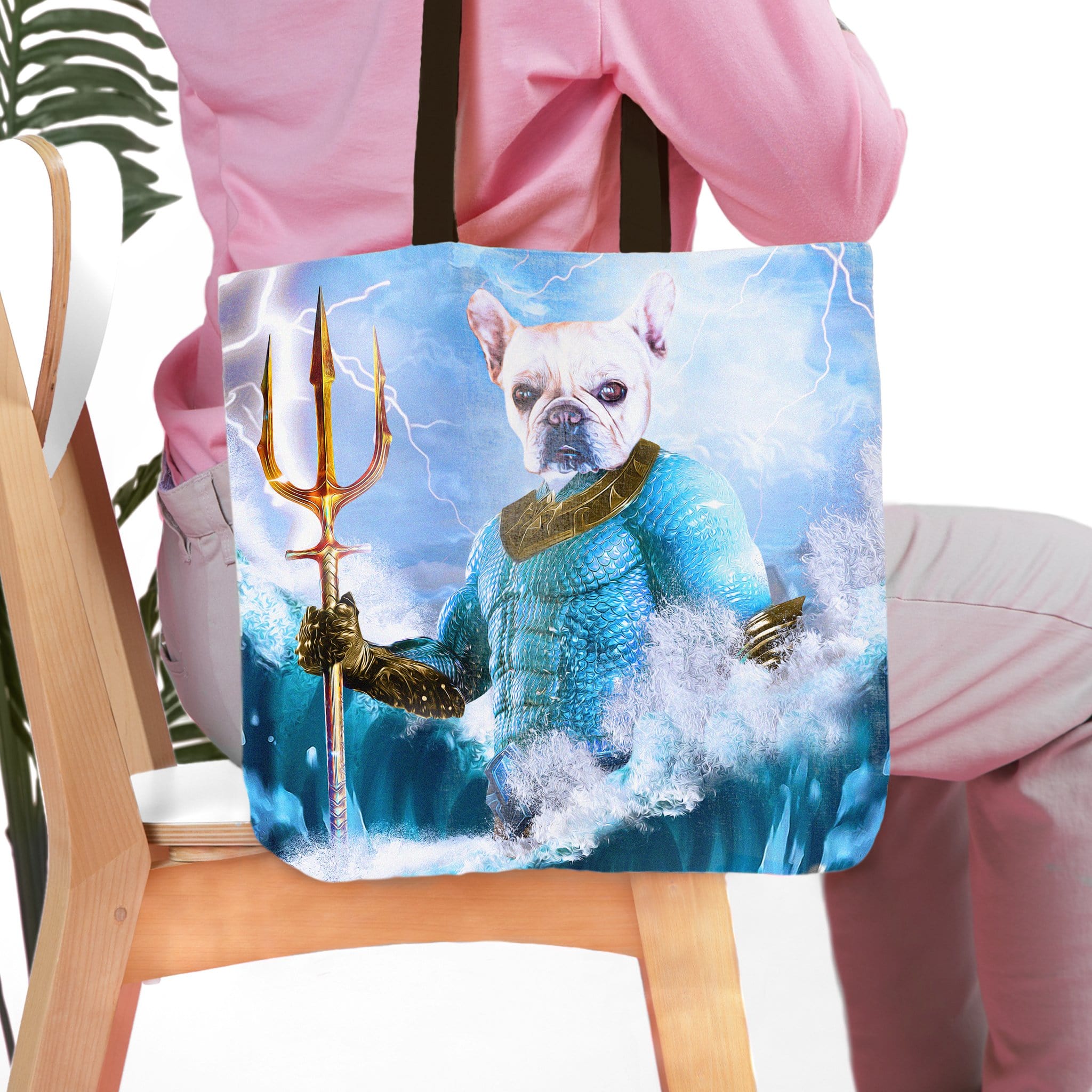 Personalized "Pawseidon" tote bag featuring a French Bulldog pet portrait as a royal, trident-wielding figure in blue armor.