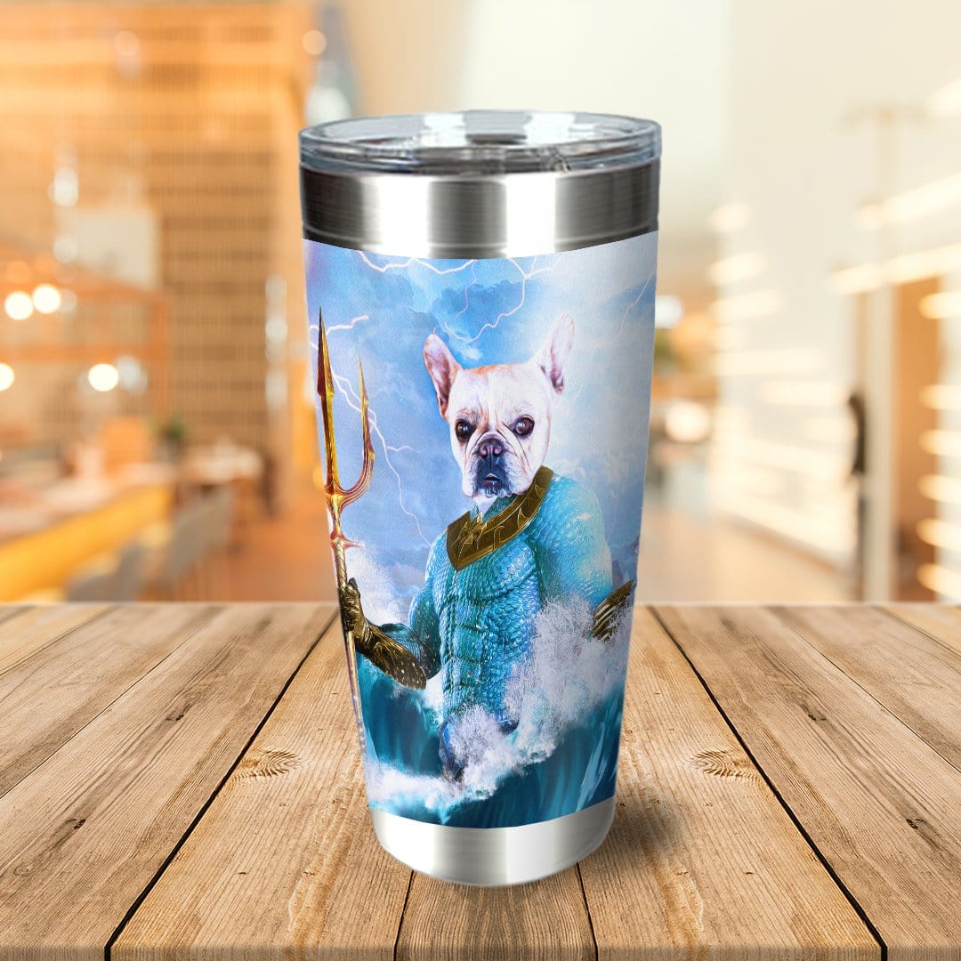 Personalized stainless steel tumbler with a custom French Bulldog Pawseidon portrait, holding a trident amidst waves.