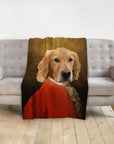 Personalized Golden Retriever royal portrait blanket draped over a gray sofa.