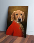 Personalized Golden Retriever pet canvas in a red, gold-embroidered historical costume, leaning against a white wall.