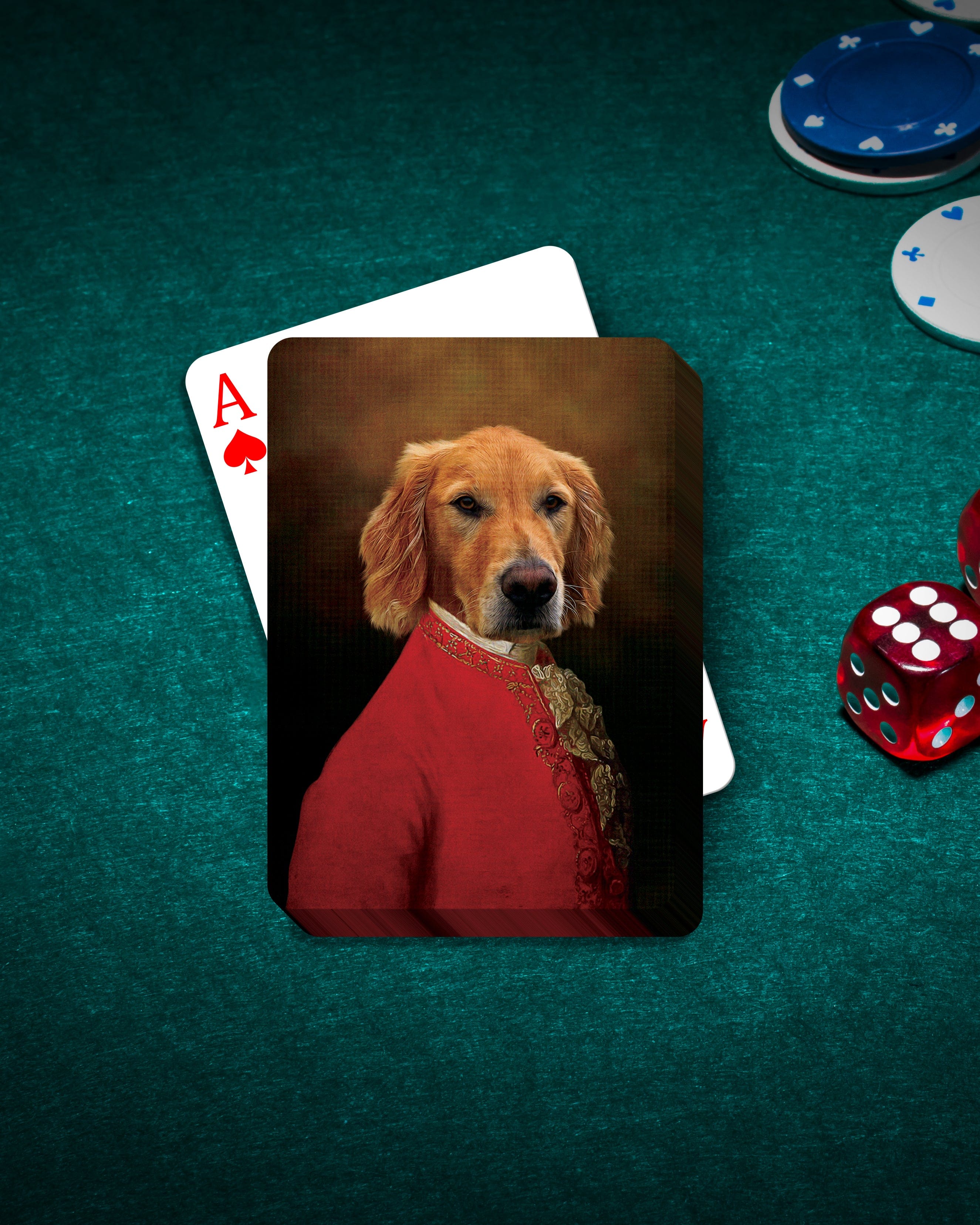 Personalized playing cards featuring a golden retriever in a royal renaissance portrait on a green felt table.