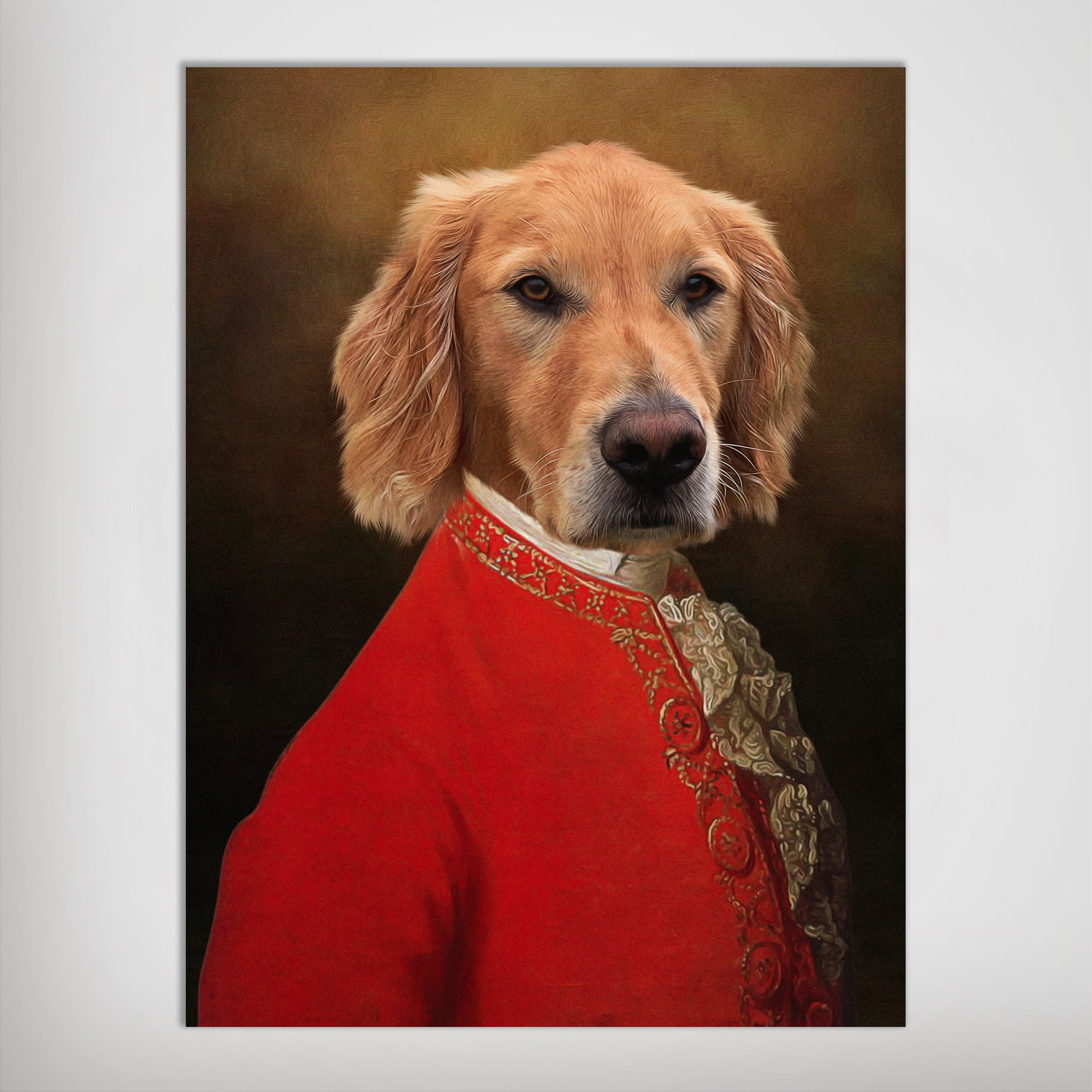 Golden retriever in a red, ornate, historical-style jacket on a personalized matte poster.