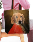 Personalized 'Pawzart' tote bag with a golden retriever pet portrait in a royal red renaissance costume.