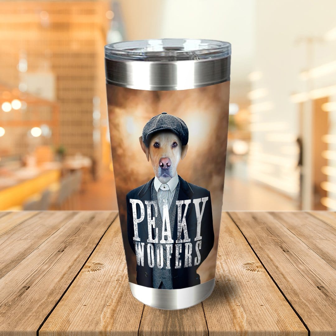 Personalized stainless steel tumbler with a custom dog portrait in a "Peaky Woofers" suit and cap.