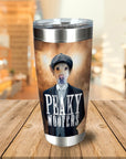 Personalized stainless steel tumbler with a custom dog portrait in a "Peaky Woofers" suit and cap.